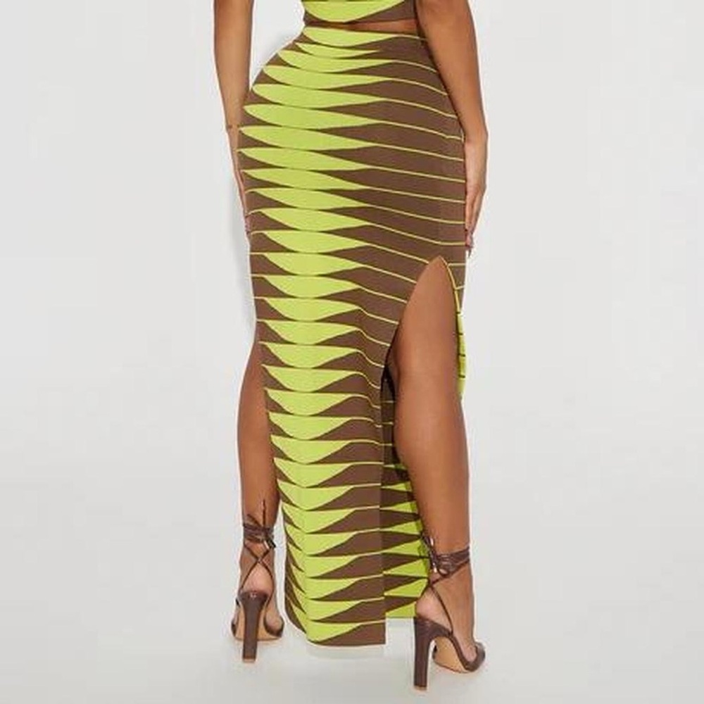 Fashion Nova Neon Lime & Brown Print Maxi Skirt with Double Side Slits